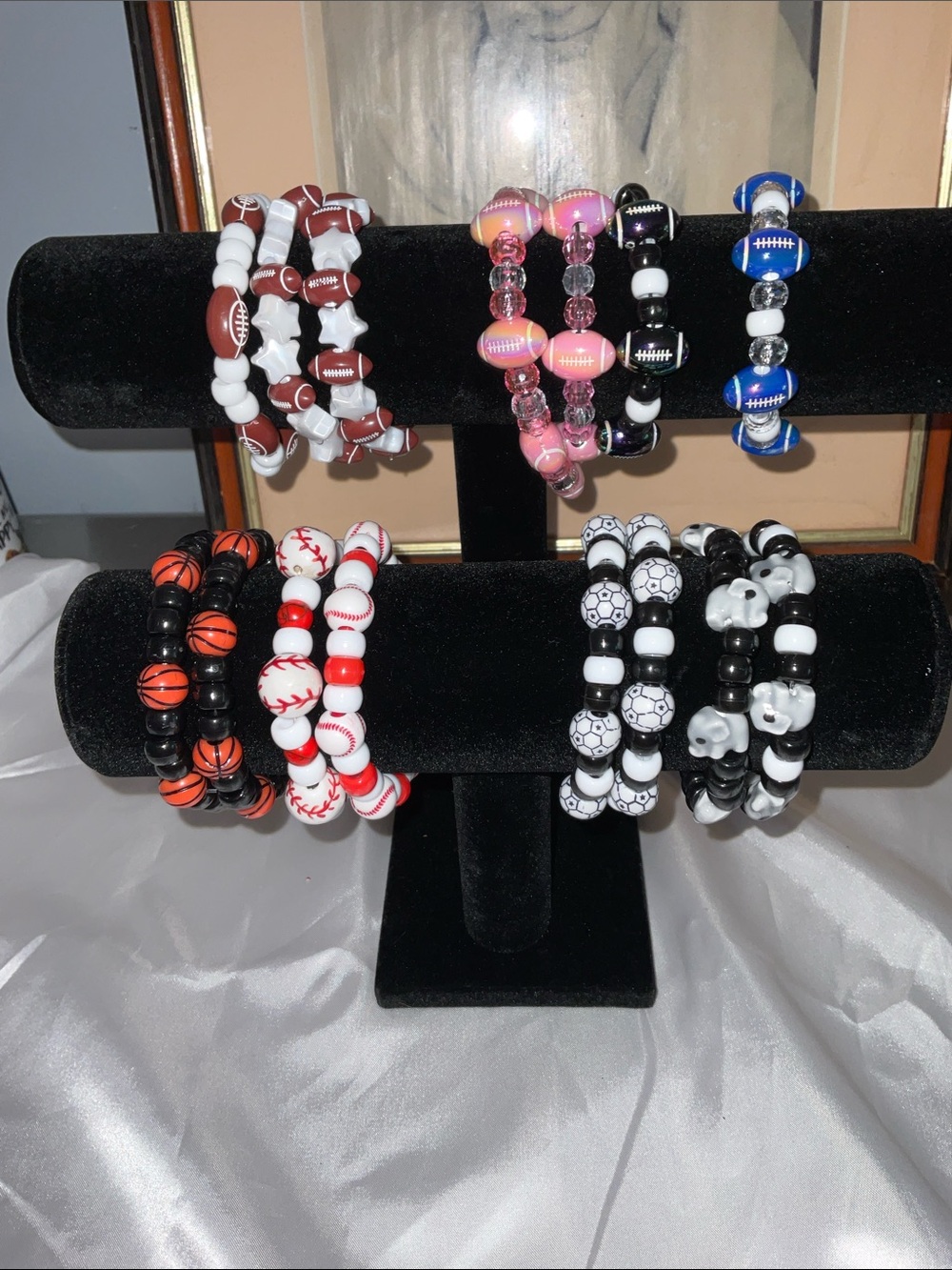 Handmade Pink & Blue Beaded Stretch Bracelet Set football baseball